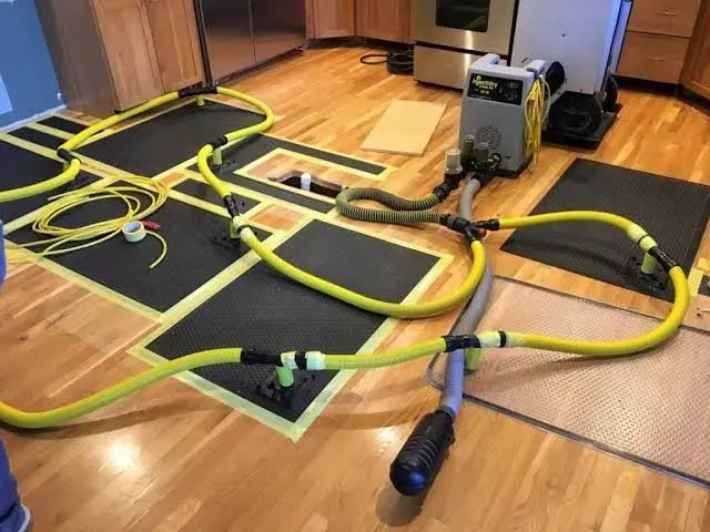 Drying mats and hoses on a kitchen hardwood floor during water damage drying in Woodland Hills