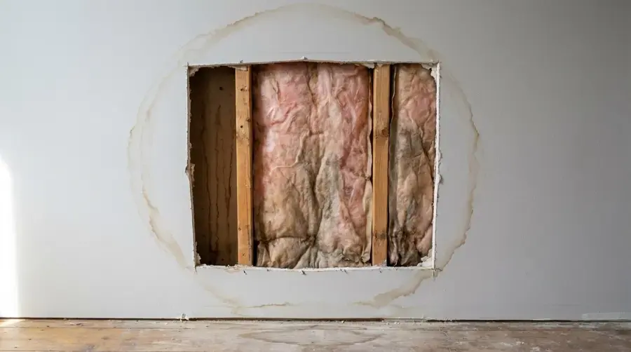 Drywall opened to expose wet insulation after a leak in Woodland Hills
