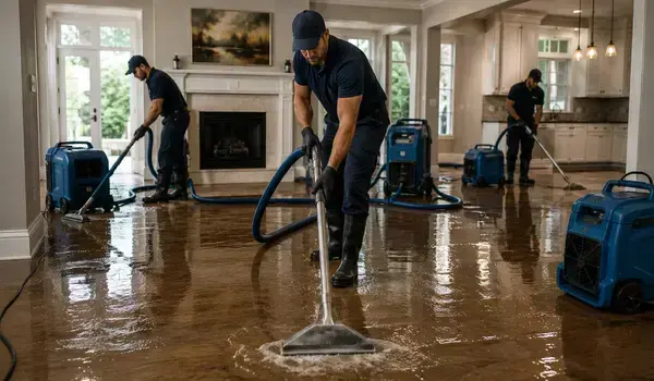 Restoration crew extracting water from a flooded living room during water damage restoration in Woodland Hills
