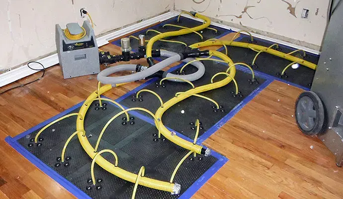 Floor drying mats and hoses set on a wet hardwood floor during drying in Woodland Hills