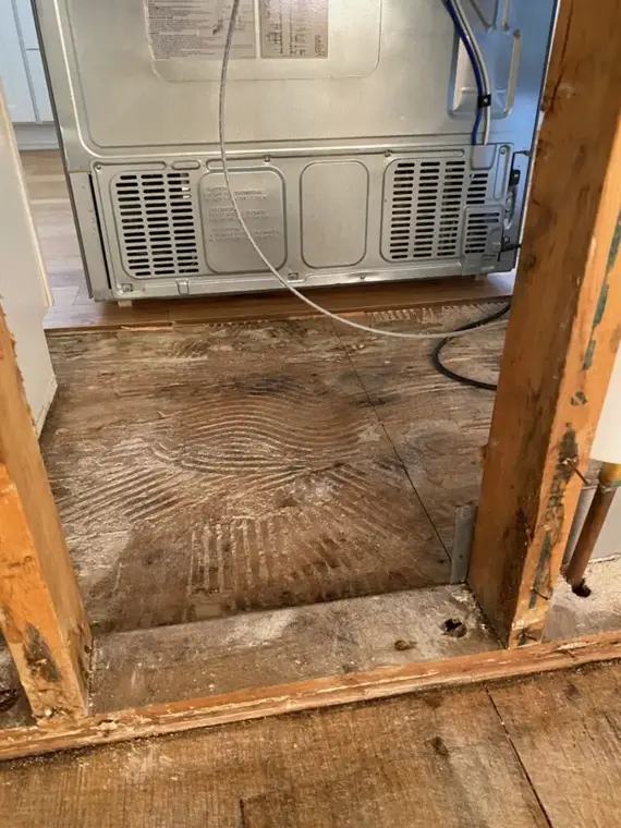 Flooring removed to expose a wet subfloor during slab leak drying in Woodland Hills