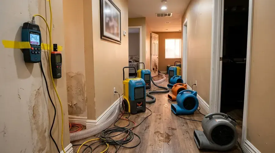 Air movers and dehumidifiers drying a hallway with a moisture meter on the wall