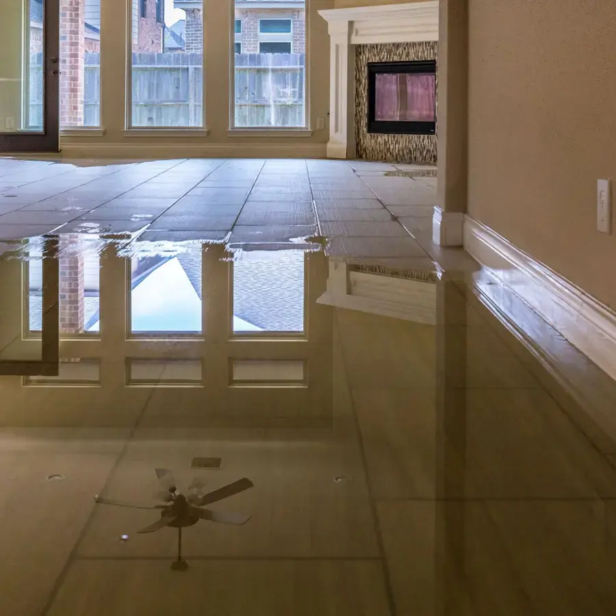 Standing water across a tiled living room floor before extraction in Woodland Hills